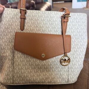 Michael Kors Cream and Brown MK Tote